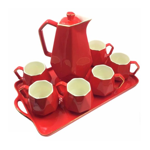 JOGO DE CHÁ PORCELANA VERMELHO 8PCS