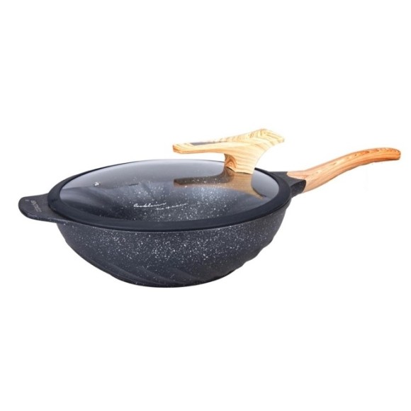 WOK DE ALUMÍNIO COM TAMPA DE VIDRO GRANITO 32CM